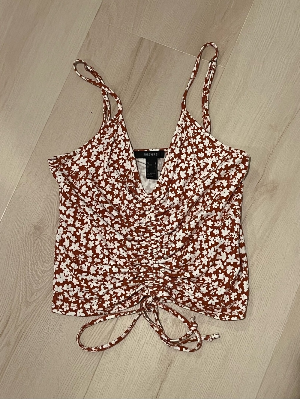 Forever 21 Rust Floral Ruched Camisole with White Print